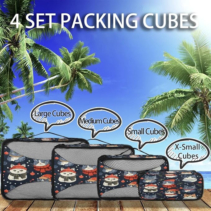 Packing Cubes for Travel, Woodland Holly Christmas Holiday Travel Luggage Packing Organizers for Women Men, Large Custom Toiletries Bag for Cosmetics Toiletries, Cute Cat