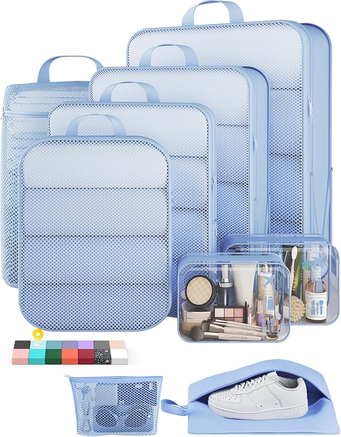 Veken 9/11 Set Compression Packing Cubes Garment Bags for Travel Essentials,Compressible Expandable Luggage Organizer Bags for Clothing,Space Saver Bags with Over 1000 pcs of Mesh Holes(Light Blue)
