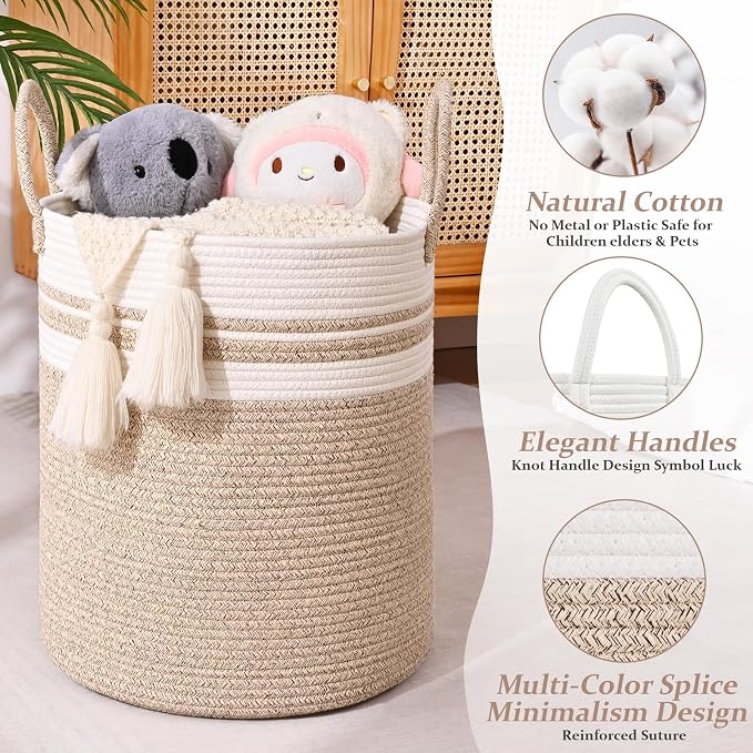 Laundry Hamper for Organizing, 52L Large Laundry Baskets, Cotton Rope Woven Blanket Basket, Collapsible Laundry Hamper for Living Room, Nursery, 15"×18", Jute