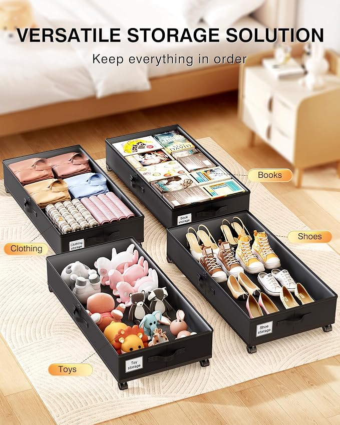 Under Bed Storage with Wheels,1Pack Underbed Shoe Storage Organizer,7.5-10.6 inchTall Adjustable Storage for Underbed with Lids,65L Extra large capacity for Clothes, Blankets,Shoes