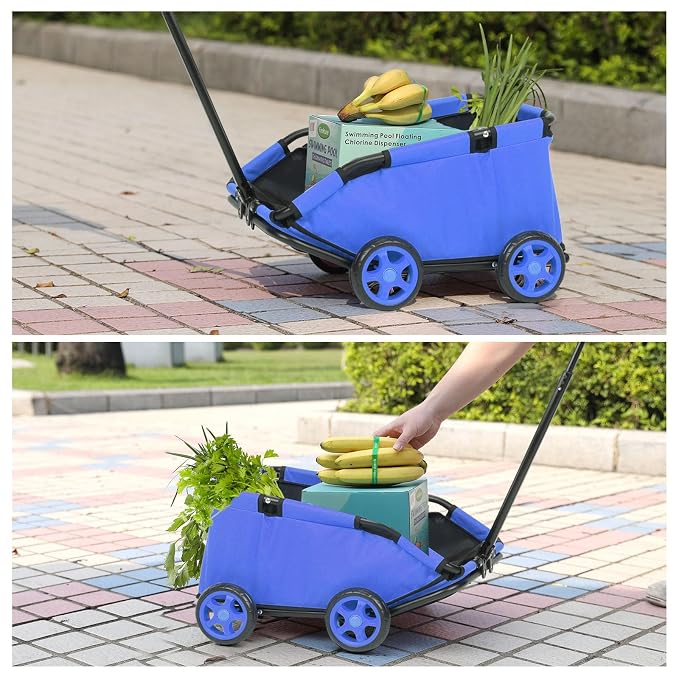 Mini Dog Strollers for Mini Pets, Foldable Multifunctional Shopping Carts with Extendable Pull Handle, Doggie Wagon Built-in Cushion and Safety Rope with Storage Bag (Blue)
