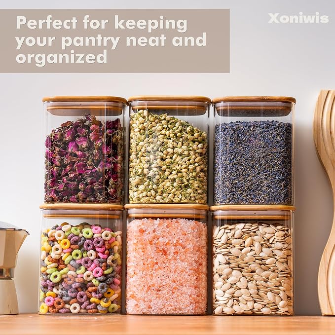 6-Pack 1.2Qt Square Glass Storage Jars with Bamboo Lids | Minimalist Kitchen Organizer,Pantry Storage Container,Food Storage Container,Scandinavian Style Storage,Nordic Style Storage