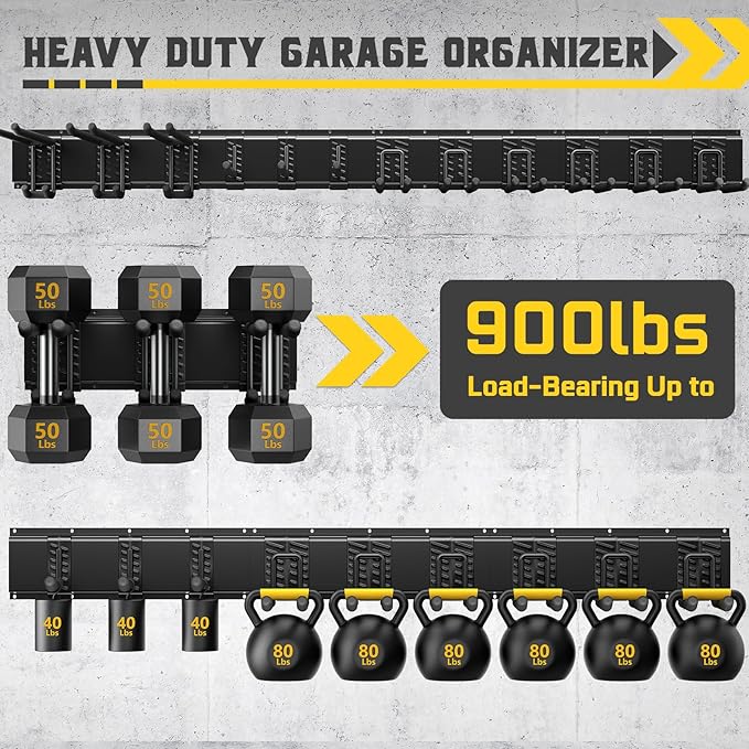 64" Garage Wall Tool Organizer, 900 Lbs Heavy Duty Steel Garden Tool Storage Rack & Garage Organization for Yard, Shed, Garage - 12 Longer & Thicker Hooks + 2 Straps