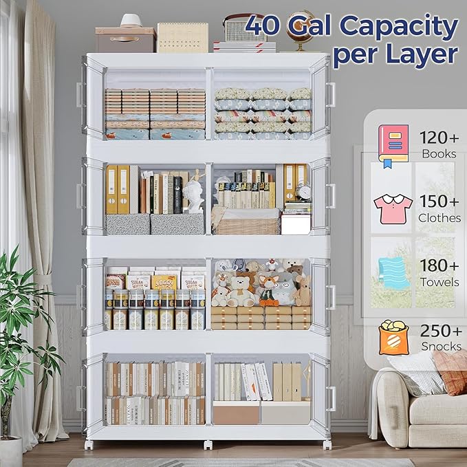200Gal Stackable Storage Bins with Lid 5-Tier Collapsible Cabinet Closet Organizer Box with Wheels, 8000QT Large Plastic Drawer Container with Doors for Clothes Kitchen Organizing, White