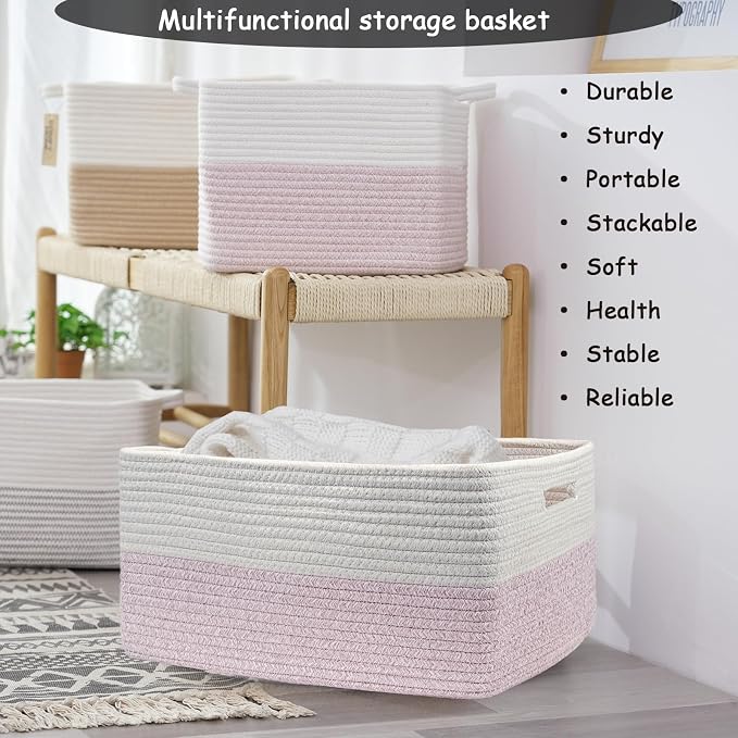 COMFY-HOMI Cotton Rope Woven Basket with Handles for Shelves,Toys,Book, Cloth Storage Baskets Bin for Organizing- 1 PCSToy Decorative Organizer for Living Room, Bathroom 17" x 13" x 7.5"