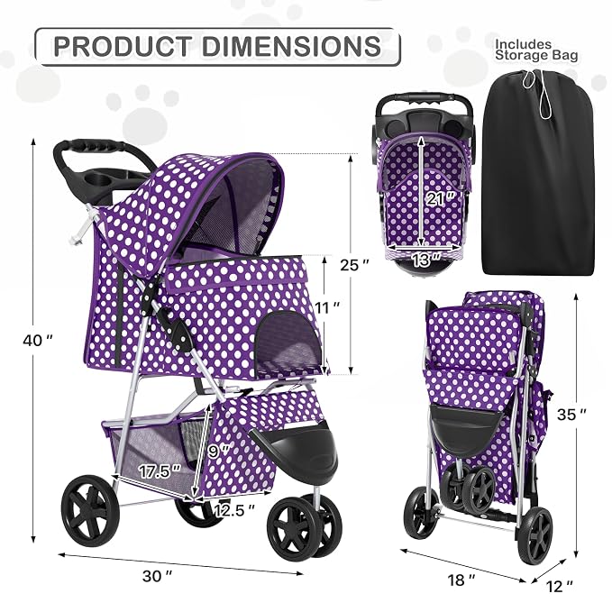 MoNiBloom Pet Stroller for Small/Medium Dogs and Cats, Purple Polka Dots | Foldable Dog Stroller 3 Wheels Pet Strolling Cart w/ Storage Basket Cup Holder, Breathable and Visible Mesh for All-Season
