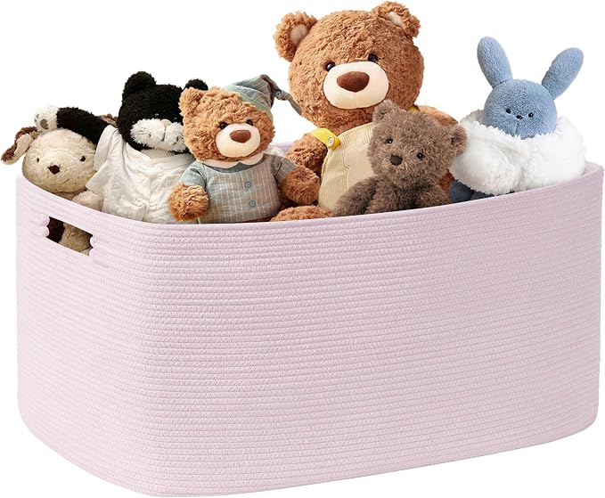 72L Large Woven Laundry Basket Hamper with Handles, Pink | collapsible wicker hamper, storage for dirty clothes, toys, blankets, gifts, living room, bedroom, bathroom, 22"x17"x12"