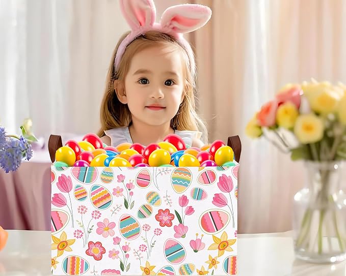 Large Rectangular Easter Baskets Empty Waterproof Boy Toy Box Foldable Kid's Gifts Storage Bin Spring Room Decor(Tulip Flower Egg)