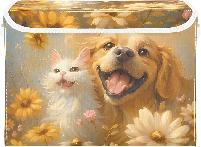 Storage Bins with Lid Golden Retriever Foldable Storage Boxes 40L Baskets | Decorative Storage Boxes, Dust-Proof Flip Top, Reinforced Handles, For Home & Bedroom, Clothes & Toy Box, Oxford Fabric Print