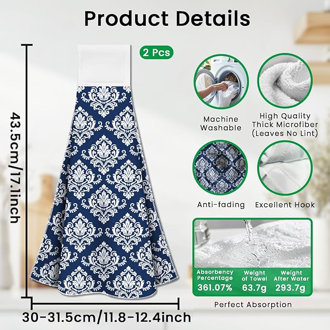 CUTHOLLOW Blue Retro Damask Hanging Kitchen Towels with Loop, Set of 2 - Soft & Super Absorbent Microfiber Decorative Hanging Dish & Hand Towel, Tea, Coffee Towel for Kitchen Bathroom Oven Handle