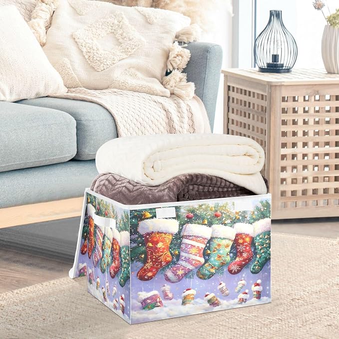 senya Christmas Baskets Collapsible Storage Bins with Lids, Christmas Stocking Storage Boxes Clothes Baskets for Organizing