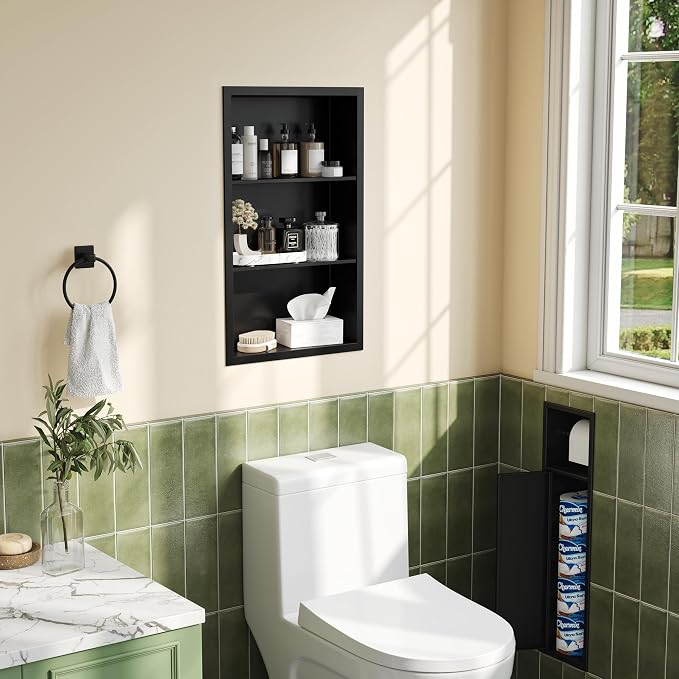 Qeke 14x 24 Medicine Cabinet Recessed with 3-Tiers Shelves, Matte Black | 304 Stainless Steel Medicine Cabinet without Mirror, No Tile Needed Wall Niche for Bathroom Storage, Space Saving & Durable