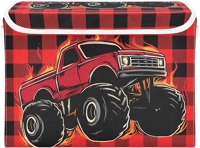 Trunk Fire Fabric Storage Bins with Lid Foldable Storage Boxes 40L Baskets | Foldable & Stackable, Flip Top Dust Guard, Reinforced Handles, Home & Bedroom, Clothes & Toys, Trunk Print Basket