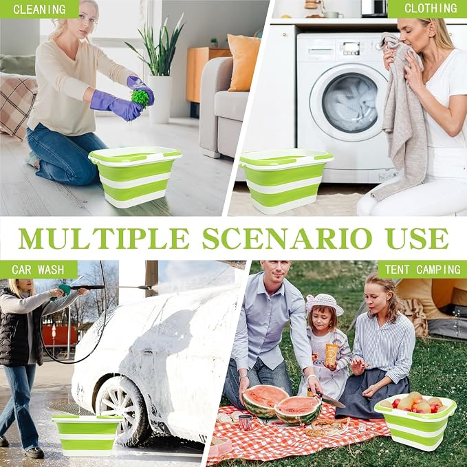 Large Collapsible Bucket for Cleaning,4.2 Gallon/16L,Green White | Foldable Space-Saving,Silicone,Handle & Hanging Hole,for Cleaning,Mop,Home,Storage,Car Wash,Camping,Beach