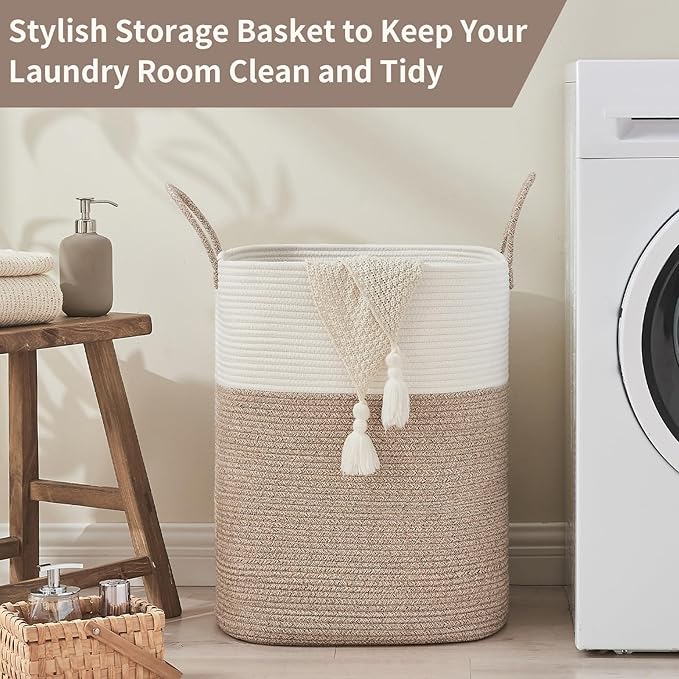 AINUOQI Laundry Basket with Handles - Blanket Basket & Hampers for Bedroom Aesthetic, Laundry Hamper & Blanket Storage for Living Room, Clothes Hamper, Tall, Large 17" x 14" x 26”, White & Rice Brown
