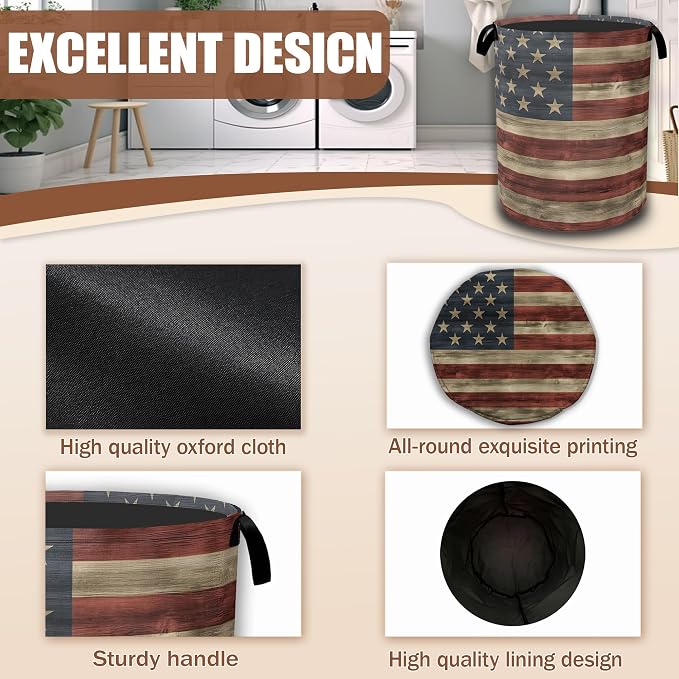 American Flag Grunge Laundry Basket,Waterproof Foldable Laundry Hamper,Dirty Clothes Basket, Linen Bin Storage Organizer Collection 16" x 20.8"