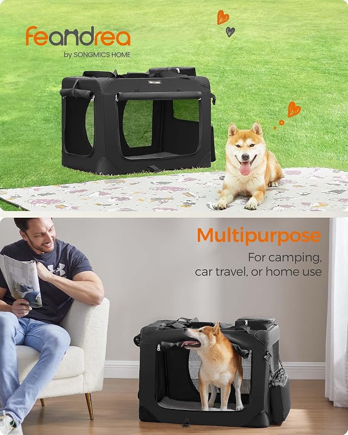 Feandrea Collapsible Soft Dog Crate, Portable Travel, 28 Inches | Dog Carrier Kennel with Safety Zippers for Living Room, Car, Travelling, Black UPDC70H