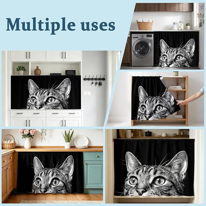 Cute Cat Cabinet Curtain 32"Wx55"L, Dustproof Pantry Door Curtain with Self Adhesive Tape, Vintage Funny Pet Cat Portrait Black Tall Storage Cover Privacy Drape for Bathroom Kitchen Laundry Room