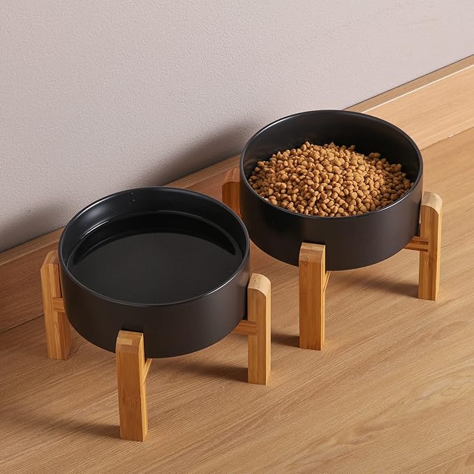 Black Elevated/Raised Dog Bowl Ceramic with Wood Stand for Small Medium Breed,Dog Food Water Dish Heavy, 6 in Non Slip Modern Cute Porcelain Pet Bowl