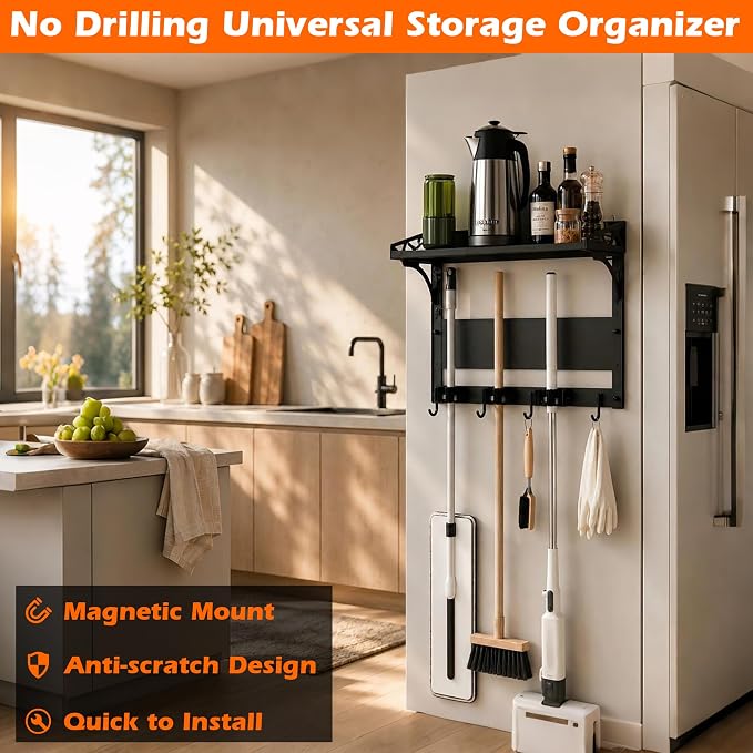 MUTUACTOR Heavy Duty Magnetic Broom Holder,Anti-slip Magnetic Tool Rack with Top Utility Shelf, Easy Assembly Broom Mop Organizer for Refrigerator Metal Cabinet Laundry Room Kitchen,3-Clamps 4-Hooks