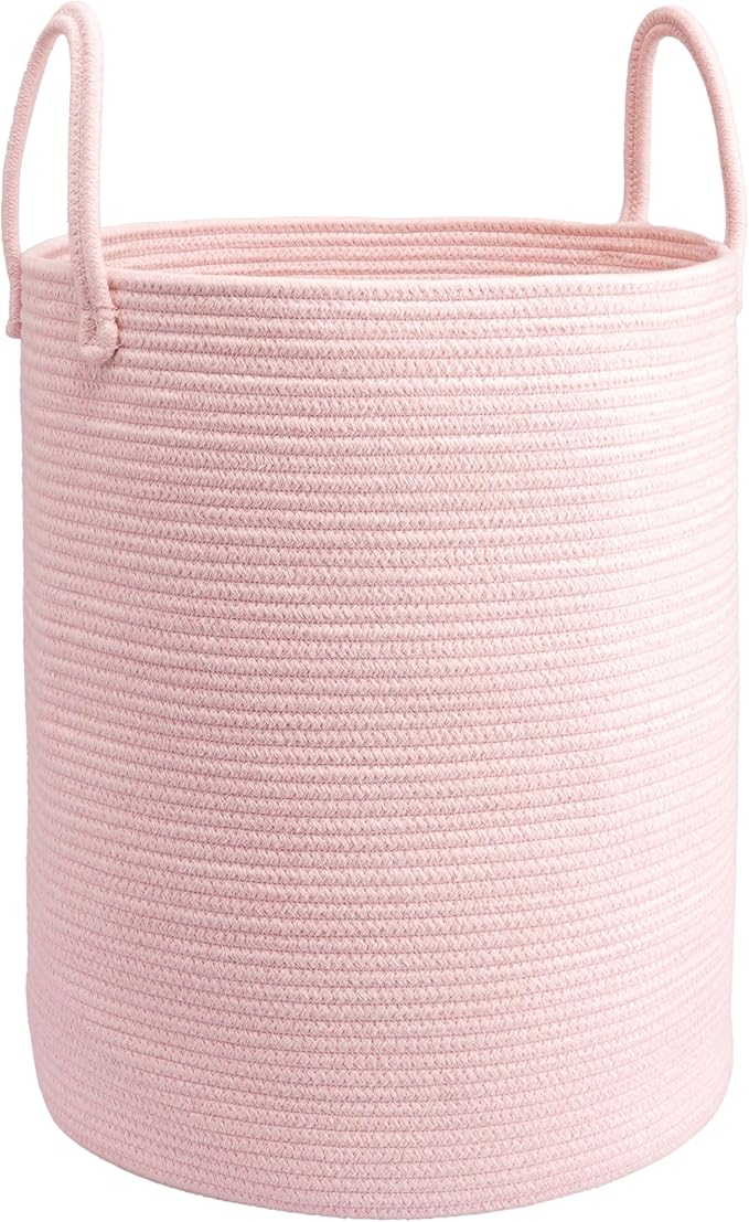 Woven Cotton Rope Laundry Basket, 15" x 20" Laundry Hamper, Pink | Rope storage basket for dirty clothes, toys and blankets. Perfect for bathroom, baby nursery and living room storage.