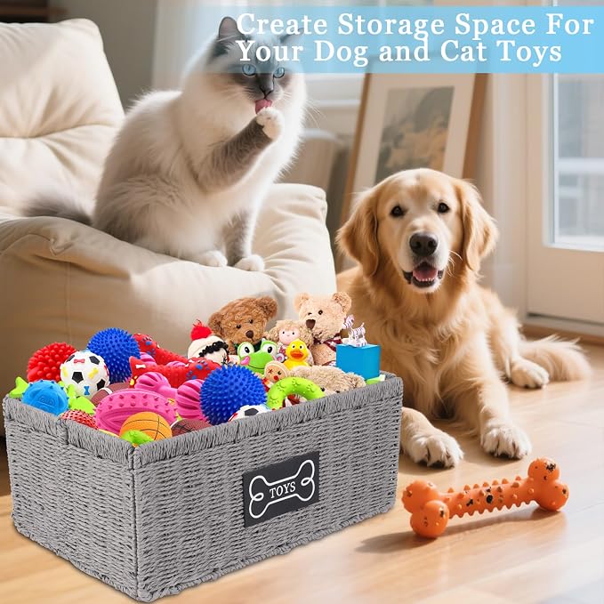Dog Toy Basket Metal Frame Woven Rattan Foldable Bin, Dog Toy Storage Organizer for Living Room,Entryway,Toy Storage Organizer with Collapsible Rectangular Design,Pet Toy Basket for Dogs and Cats