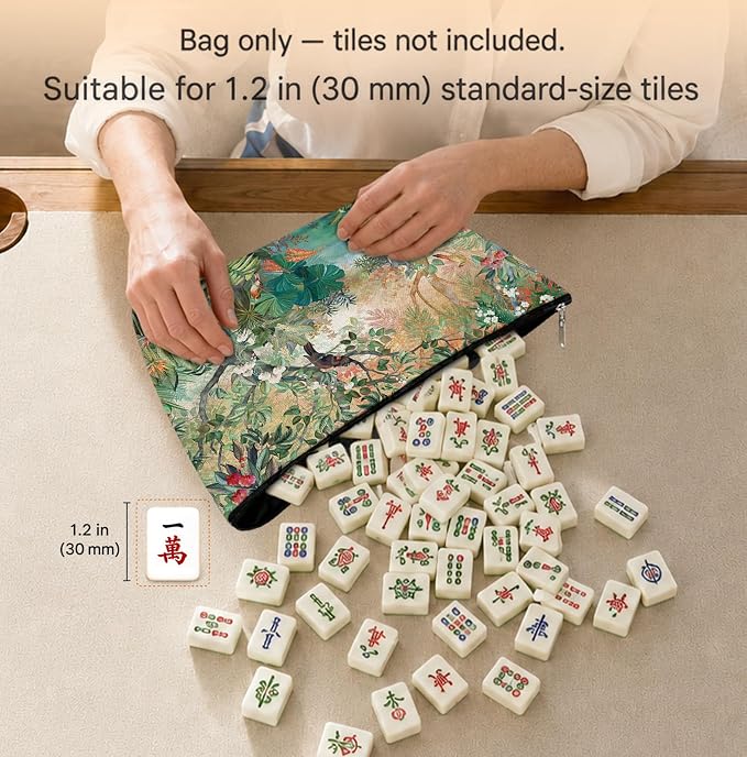 Green Tropical Jungle Animal Empty Mahjong Tile Bag 13x7.8 Inch | Nature Forest Printed Portable Travel Case Organizer Zipper Pouch for American Mahjong Tiles Game Night Accessories and Gifts
