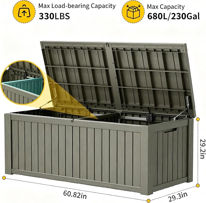 230 Gallon Outdoor Storage Box Waterproof Deck Box for Patio | Gray, Resin, Large, Weatherproof, Divider, Lockable, Hydraulic Rod, Easy Assembly, Patio Cushions Storage, Organization