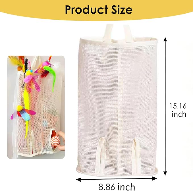 15.16" Cat Wand Toy Holder Organizer Storage Bag - Special Bottom Opening Design, Pet Kitten Stick Doy Toy Mesh Pockets for Cat Feather Teaser Toys Wall Hanging Basket Box Bin (Beige, Double)