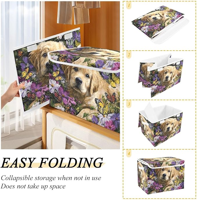 Storage Bins with Lid Dog Butterfly Pet Foldable Storage Boxes 40L Baskets | Decorative Storage Boxes, Dust-Proof Flip Top, Reinforced Handles, For Home & Bedroom, Clothes & Toy Box, Oxford Fabric Print