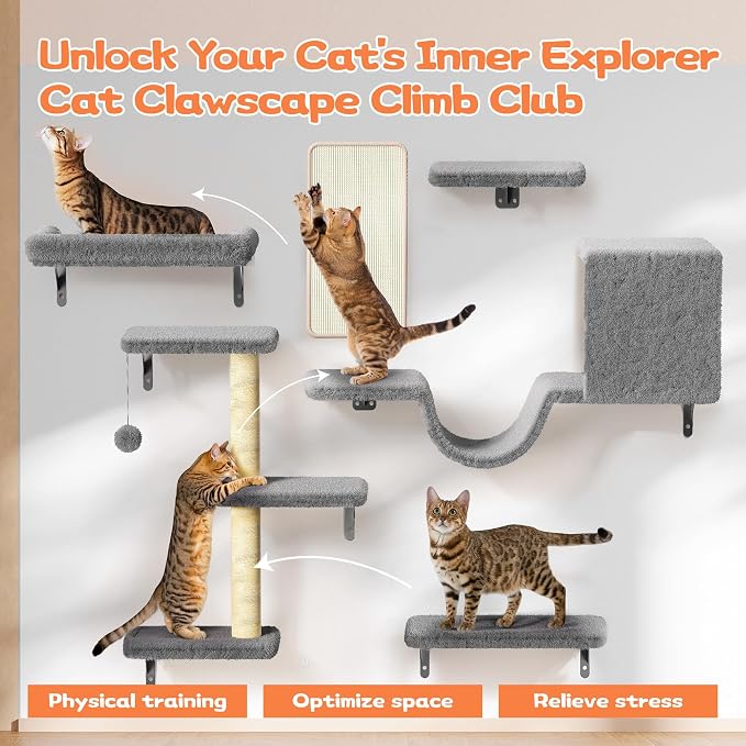 6-in-1 Wall Mounted Cat Climber Set for Heavy Cats,Wall Shelves,Stable & Safe Cat Furniture Set for Large Cats, Wooden Climbing Wall with Scratching Post (Grey)