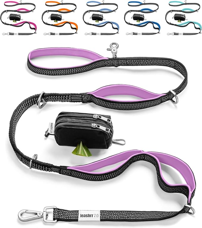Heavy Duty Dog Leash for Large Dogs – 6FT Reflective Bungee with Padded Handles, Strong Carabiner Clip, No Pull Control for Medium & Large Breeds, Includes Poop Bag Holder & Treat Pouch (Purple)
