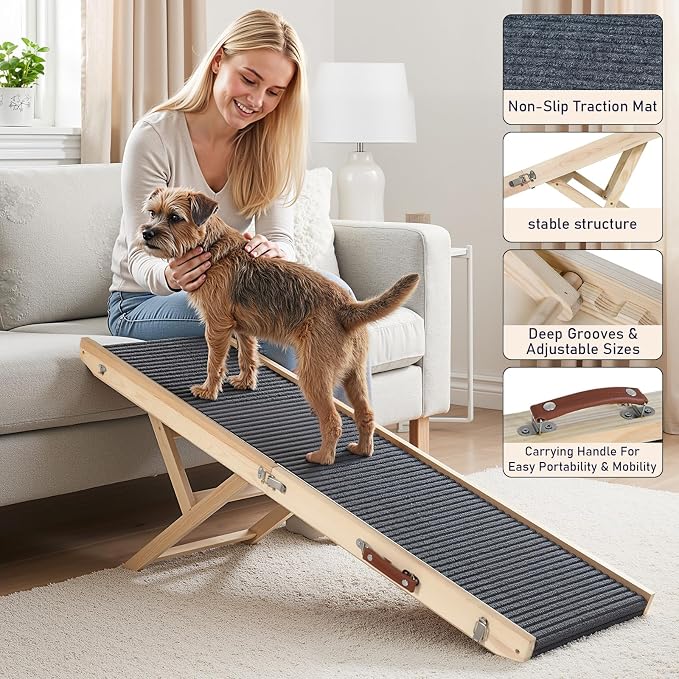 Wooden Dog Ramp for Couch High Bed, Non Slip Pet Ramps for Small Dogs and Cat with 4 Adjustable Height from 9.84'' to 17.91'', Portable 40'' Long Foldable Ramp for Dogs to Get on Bed Car