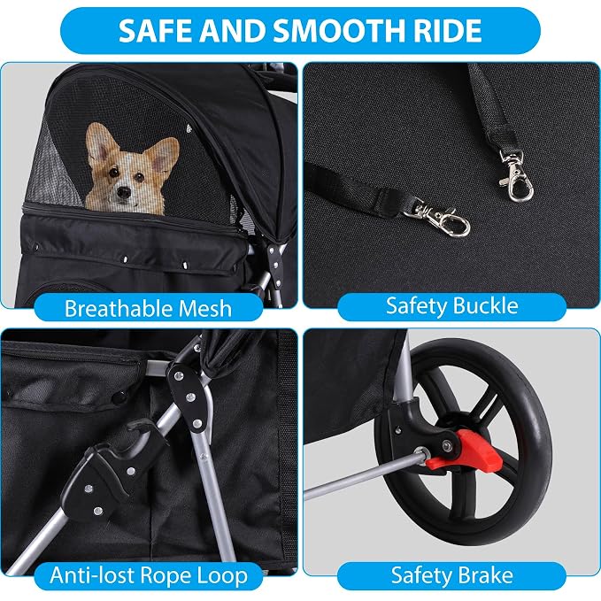 LEMY 3 Wheels Pet Dog Cat Stroller for Small Medium Dogs Cats,Black Foldable Jogger Travel Puppy with Detachable Carrier
