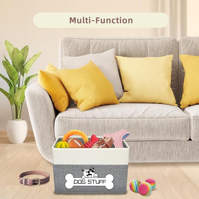 Collapsible Box, Dog Toy Basket, Storage Bin for Pet Accessories | Fabric Storage with Handle, Organizer for Living Room, Gray