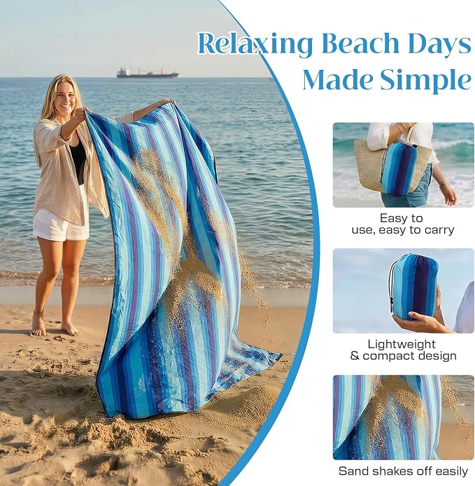 OIGAE Beach Blanket Waterproof Sandproof Oversized Beach Mat | Picnic Mat with Stakes, Storage Bag - Essentials for Outdoor Beach, Picnic,Quick-Dry Lightweight,Windproof Pockets