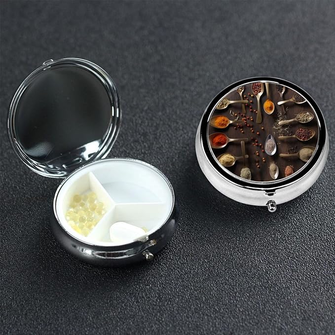 Round Pill Box Various Spices Pill Case for Purse & Pocket 3 Compartment Pill Organizer Portable Travel Pillbox Medicine Pill Holder Container for Daily Vitamin Cod Liver Oil Storage
