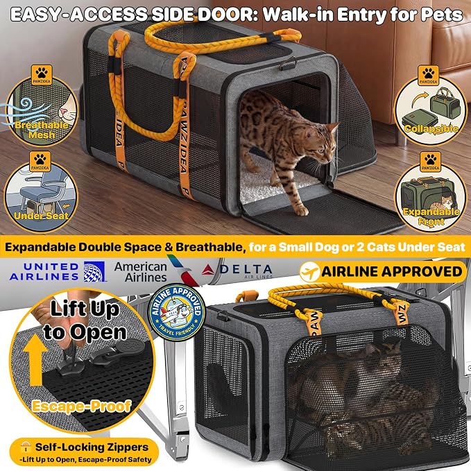 PAWZIDEA Expandable Pet Carrier with Wheels, TSA Airline Approved, Up 18lbs | 18x11x11 Underseat, Rolling Soft-Sided Carrier for Large Cats & Small Dog Travel Bag, Self-Locking Zippers, Telescopic Handle