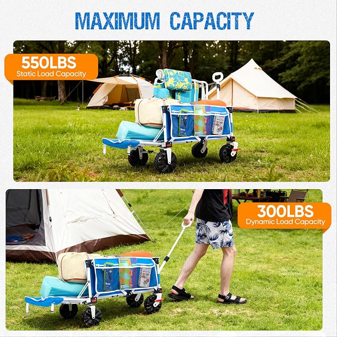 Old Bahama Bay 300lbs Extra Long 49" L Beach Wagon with Big Wheels with Brake for Sand, Collapsible Utility Beach Cart Heavy Duty Folding Wagon,Ideal for Outdoor Sand Camping Garden Pet