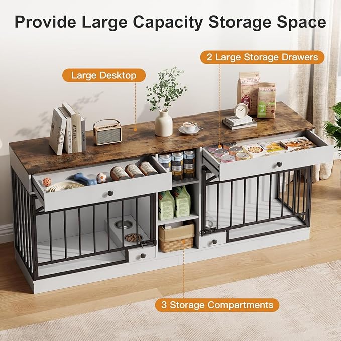 Dog Crate Furniture for 2 Dogs, Double Dog Crate TV Stand, White | 78.7'' Large Dog Kennel Indoor, 2 Storage Drawers, 3 Shelves and Feeding Bowls, Pet Kennel for Small and Medium Dogs