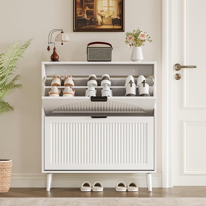 BORNOON Shoe Cabinet for Entryway with 2 Flip Drawers, Slim Wooden Shoe Storage Organizer with Modern Fluted Pannel，Freestanding Narrow Hidden Shoe Rack for Hallway, Foyer, Living Room