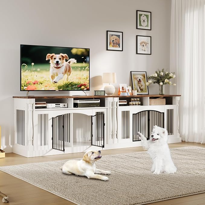 63" Large Dog Crate Furniture for Small & Medium Dogs, Roman Column Kennel Furniture with Semi-Open Storage, TV Stand Dog Cage Table, Heavy Duty Indoor Dog Kennel, White+Rustic Brown Top