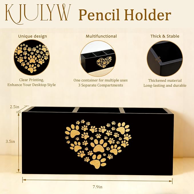 Pet Paw Print Pen Holder for Desk, Pet Lover Owner Gifts, Golden Animal Paw Print Heart Wooden Box Pencil Pen Holder Organizer for Home Office Desk Accessories