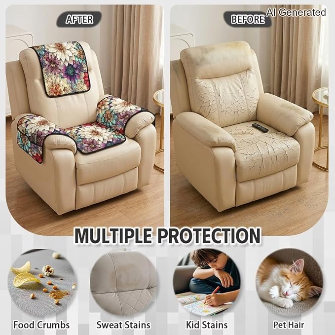 Boho Flower Recliner Chair Covers 4 Piece Non Slip | Quilted Recliner Covers Waterproof Lazy Boy Chair Covers with Arms Pet Friendly Washable Recliner Cover for Sofa Armchair