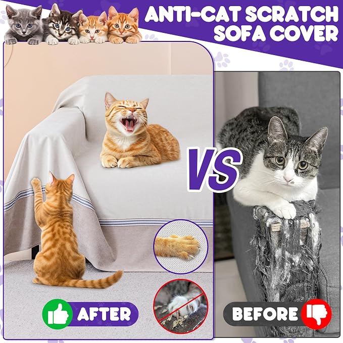 Loiion Cat Scratch Proof Furniture Protector Waterproof Sofa Cover 118"x91" | Pet-Friendly Couch Protector, Anti-Scratch & Anti-Slip Sofa Cover For Cats Dogs Kids, Machine Washable