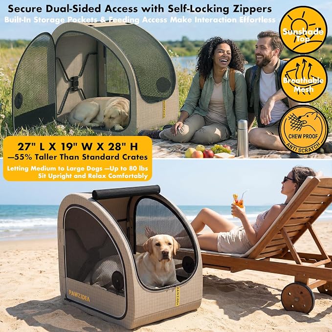 PAWZIDEA Portable Dog Crate for Car Travel, Medium & Large Dogs Up to 80lbs | Enclosed Soft-Sided Dog Car Kennel for Backseat, Secures w/ Seatbelt & Headrest Strap, Collapsible Car Carrier, Chew-Proof