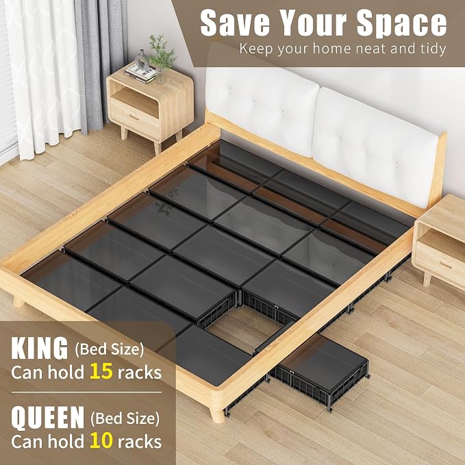 Hleelomi Under Bed Storage with Wheels and Storage Bag, 360° Rolling Under Bed Metal Drawers for Clothes, Blankets, Books and Shoes,Black， 2pack