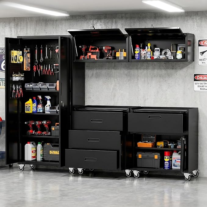 Garage Cabinet System | Heavy Duty Steel All-in-One Modular Garage Cabinet Set for Ultimate Workshop Organization | Easy Assembly Garage Storage Cabinets & Tool Bench
