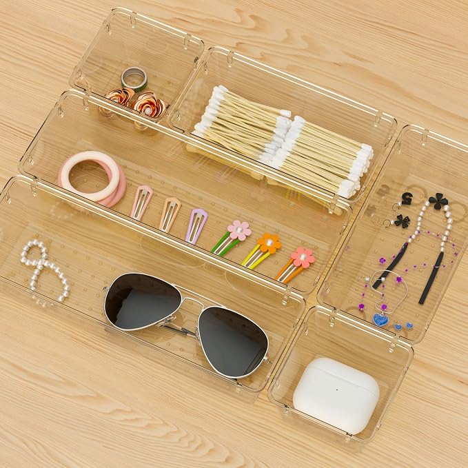 12 Pack Clear Drawer Organizer Set, Drawer Storage Trays, Storage Bins | Acrylic Drawer Storage Trays, Storage Bins for Makeup, Cosmetics, Jewelries, Utensils, Gadgets, Office