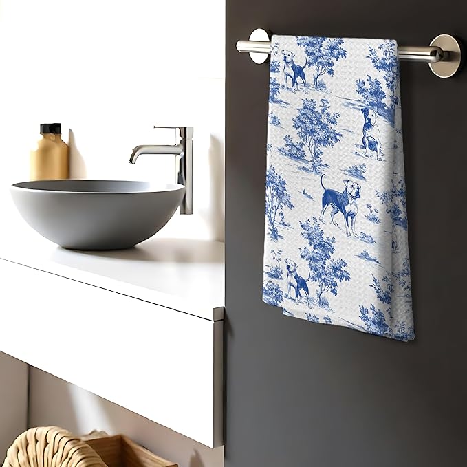 Chinoiserie Bull Terrier Kitchen Towels, Blue and White Floral Bull Terrier Decorative Hand Towels, Grandmillennial Botanical Dog Hand Towels for Kitchen Bathroom,Bull Terrier Gifts,16x24 Inch